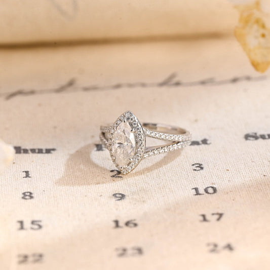 Stunning 1.0 CT Marquise Cut Moissanite Engagement Ring with Halo Split Shank Pave Design 2