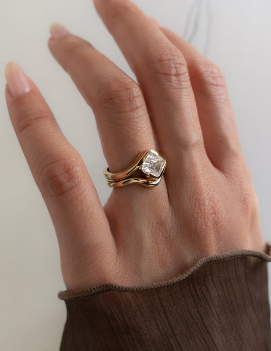 1.5 CT Asscher Lab Grown Curved Shank Engagement Ring With Plain Stacking Band