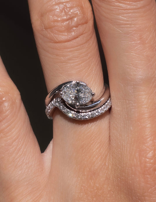 1.5 CT East West Oval Lab Grown Engagement Ring with Minimal Pave Stacking Band