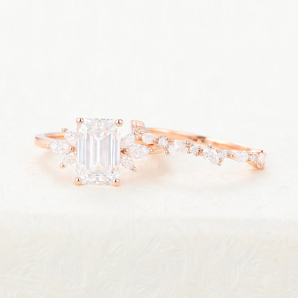 1.89 CT Emerald Moissanite Cluster Bridal Ring Set 4