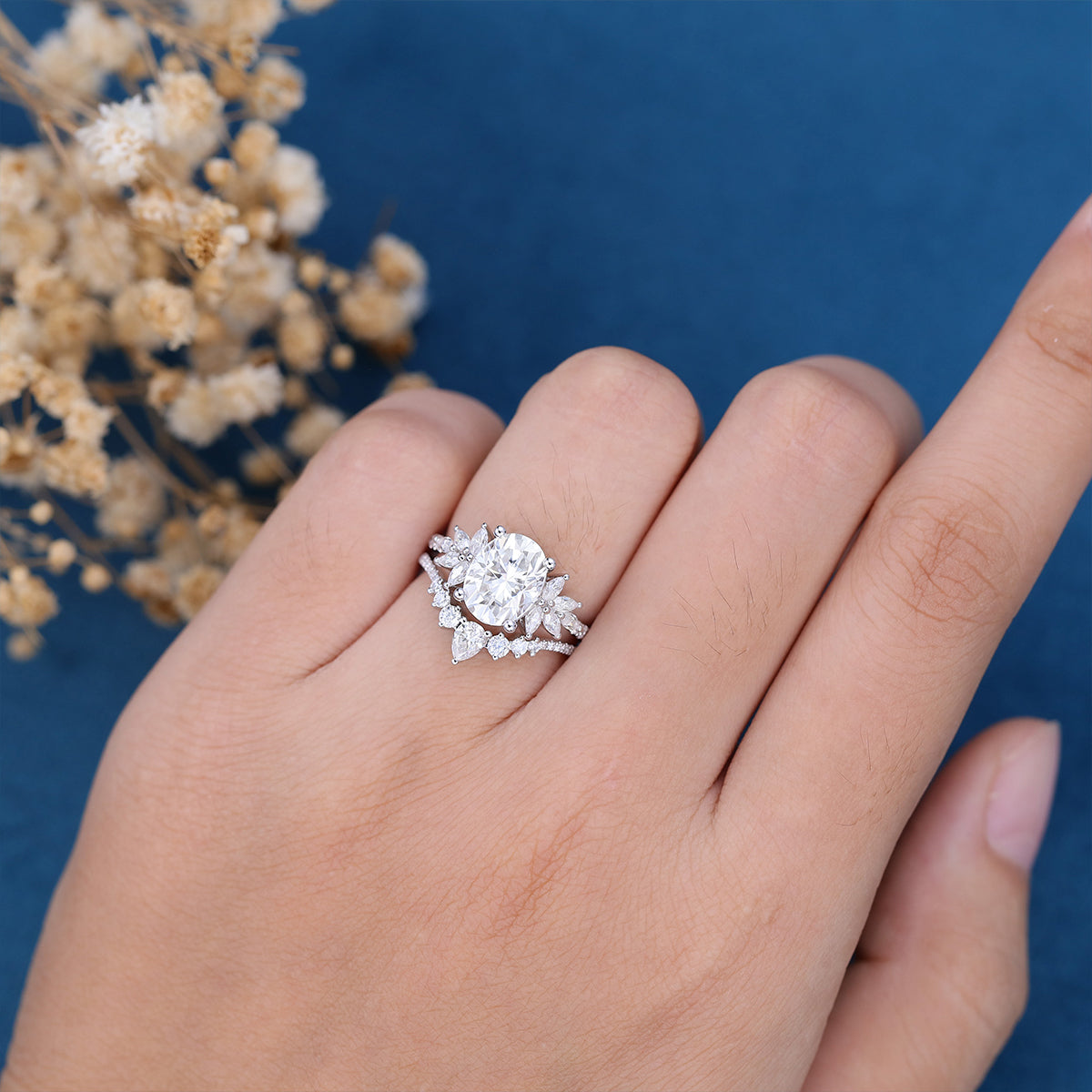 1.33 CT Oval Shaped Moissanite Cluster Bridal Set 2