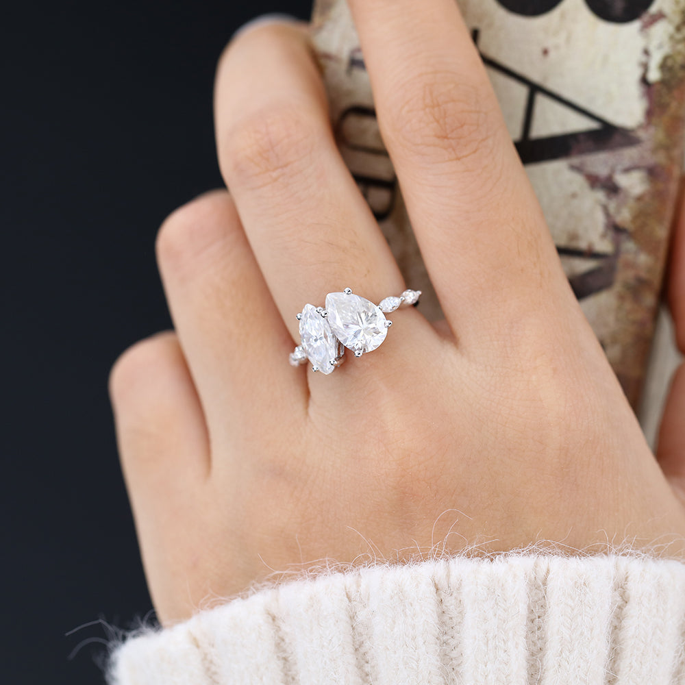 0.90 CT Marquise & 1.93 CT Pear Shaped Moissanite Two Stone Engagement Ring 5