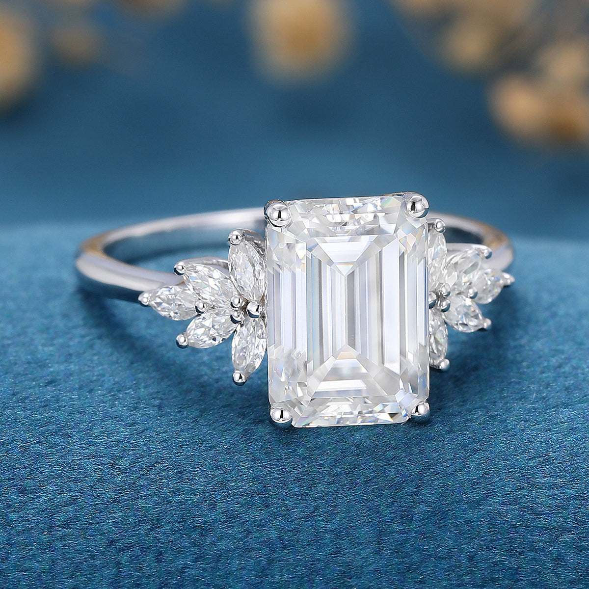 2.0 CT Emerald Shaped Moissanite Cluster Engagement Ring 3