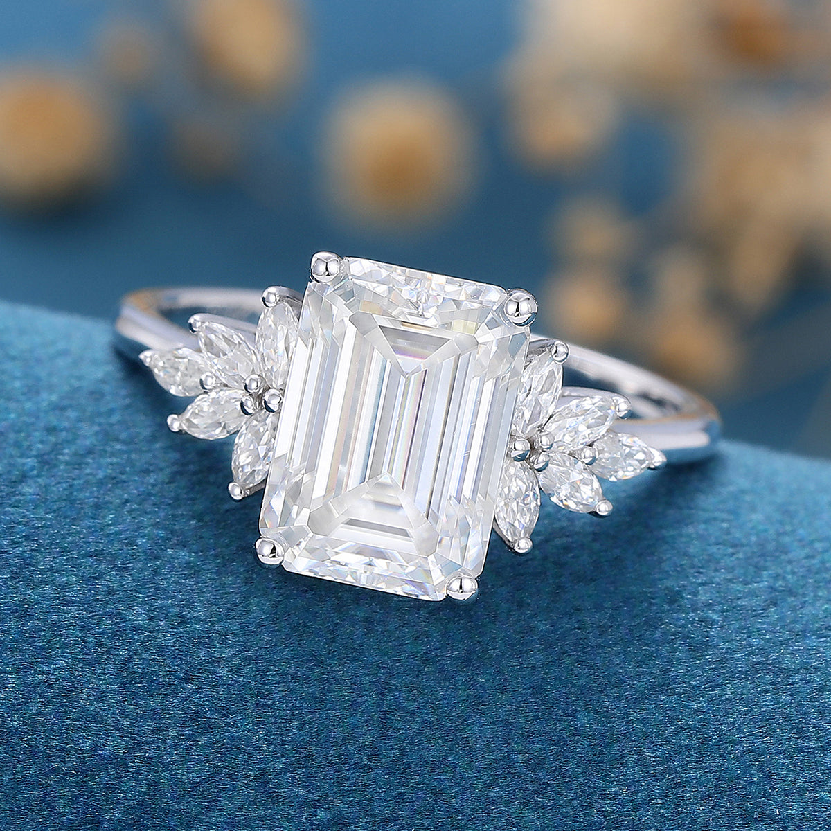 2.0 CT Emerald Shaped Moissanite Cluster Engagement Ring 4