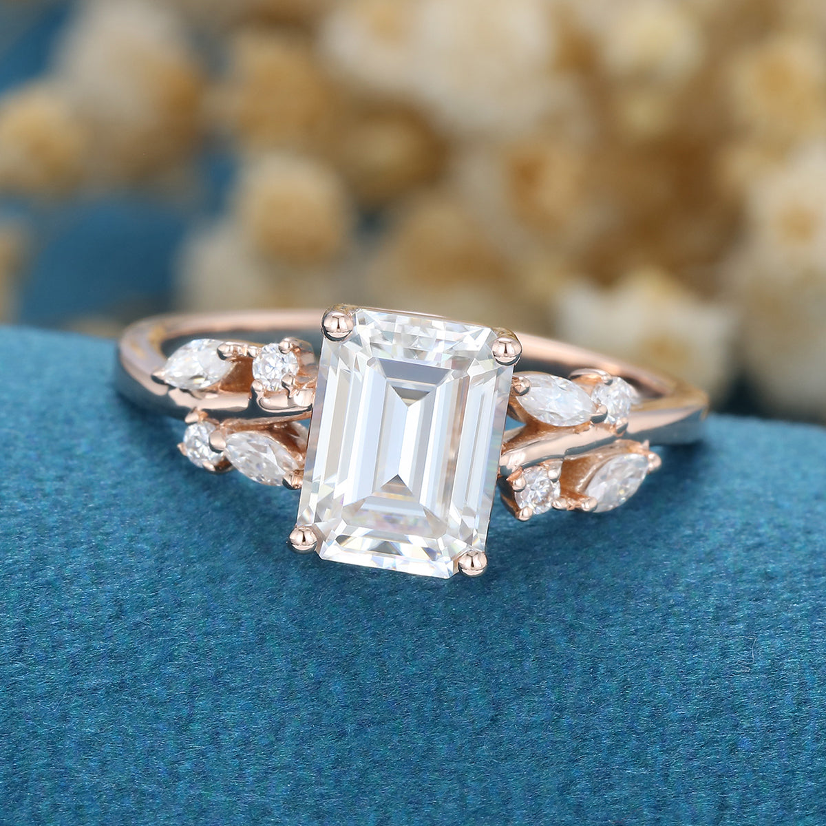 1.60 CT Emerald Shaped Moissanite Cluster Engagement Ring 4