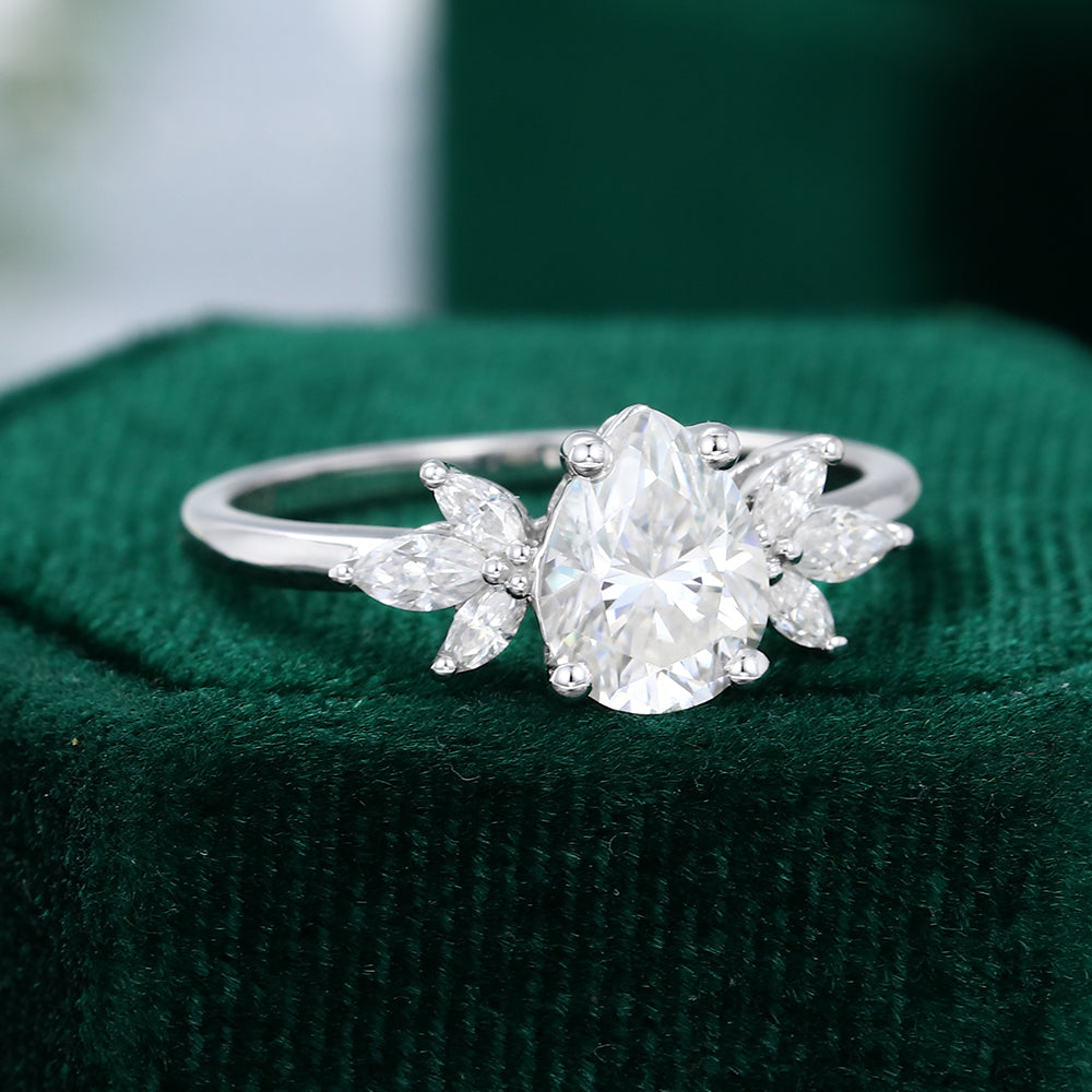 1.0 CT Pear Shaped Moissanite Cluster Engagement Ring 6