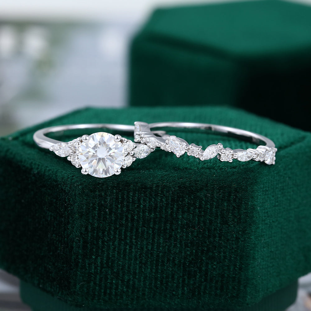 0.88 CT Round Moissanite Cluster Bridal Ring Set 6