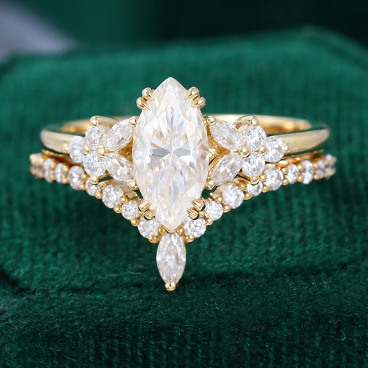 0.90 CT Marquise Moissanite Cluster Bridal Ring Set 2