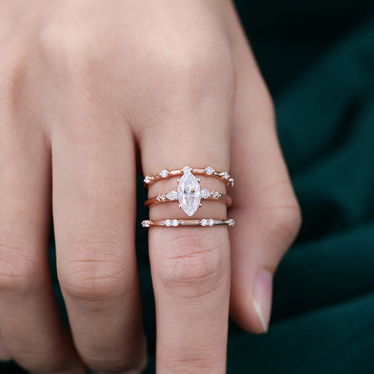 0.90 CT Marquise Moissanite Three Stone Bridal Ring Set 2