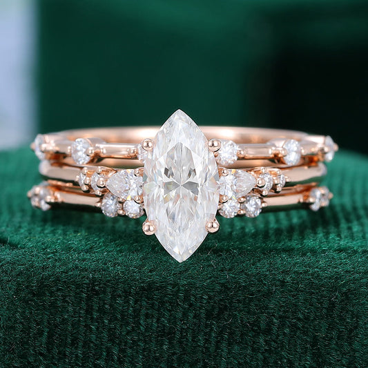 0.90 CT Marquise Moissanite Three Stone Bridal Ring Set 1