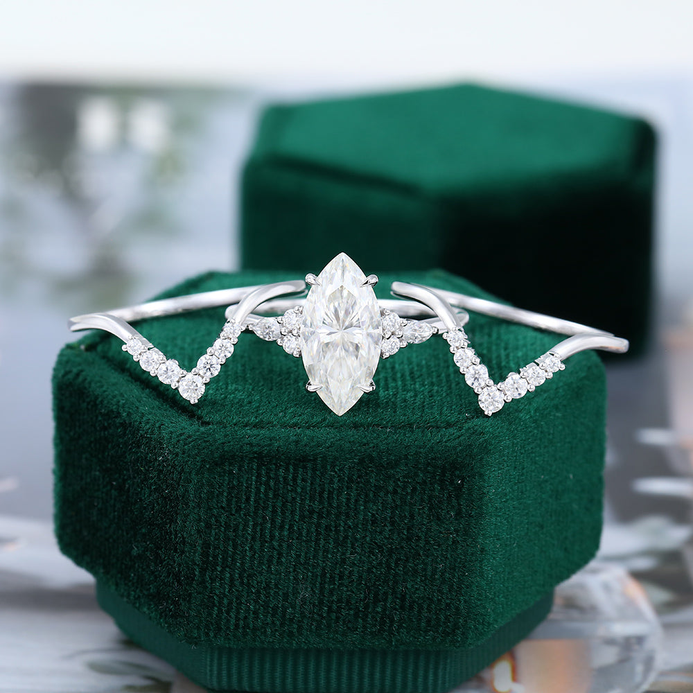 2.48 CT Marquise Moissanite Cluster Bridal Ring Set 5