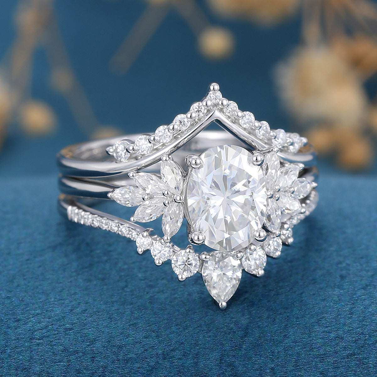 1.33 CT Oval Shaped Moissanite Cluster Bridal Set 3