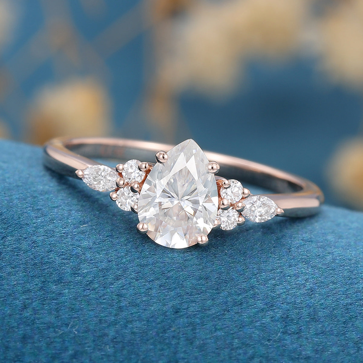 1.0 CT Pear Shaped Moissanite Cluster Engagement Ring 3
