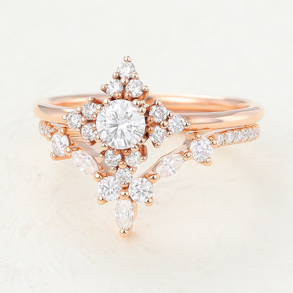 0.22 CT Round Moissanite Cluster Bridal Ring Set 5