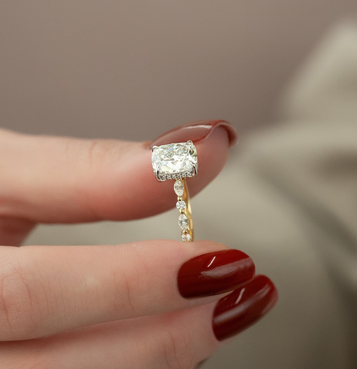 Elongated Cushion Alternating Pave Engagement Ring – 3 CT Lab Grown Diamond