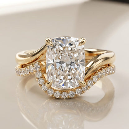 3.0 CT Elongated Cushion Minimal Pave Moissanite Diamond Bridal Ring Set