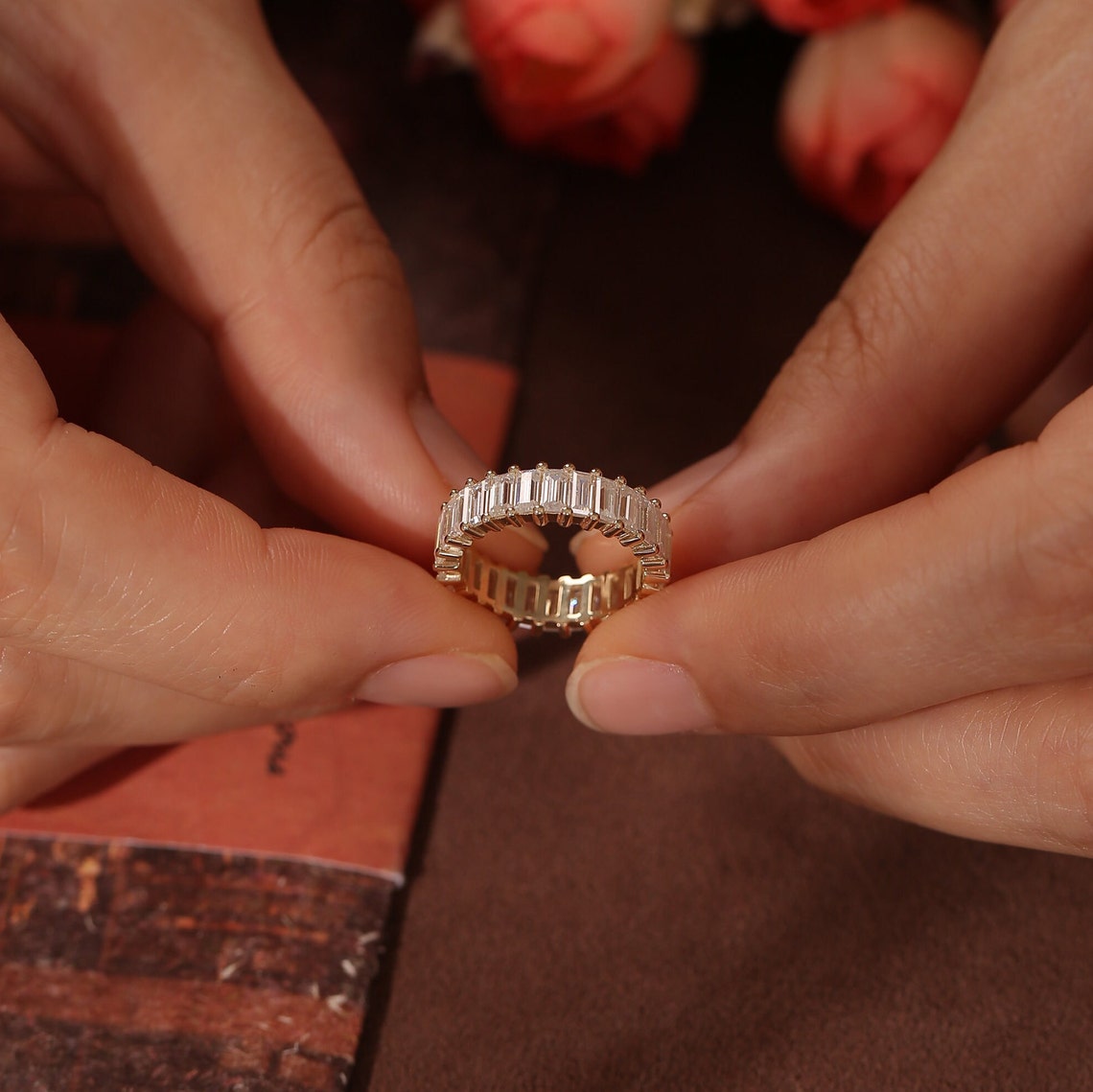 0.5 TCW Emerald Cut Pave Moissanite Bridal Wedding Band 5