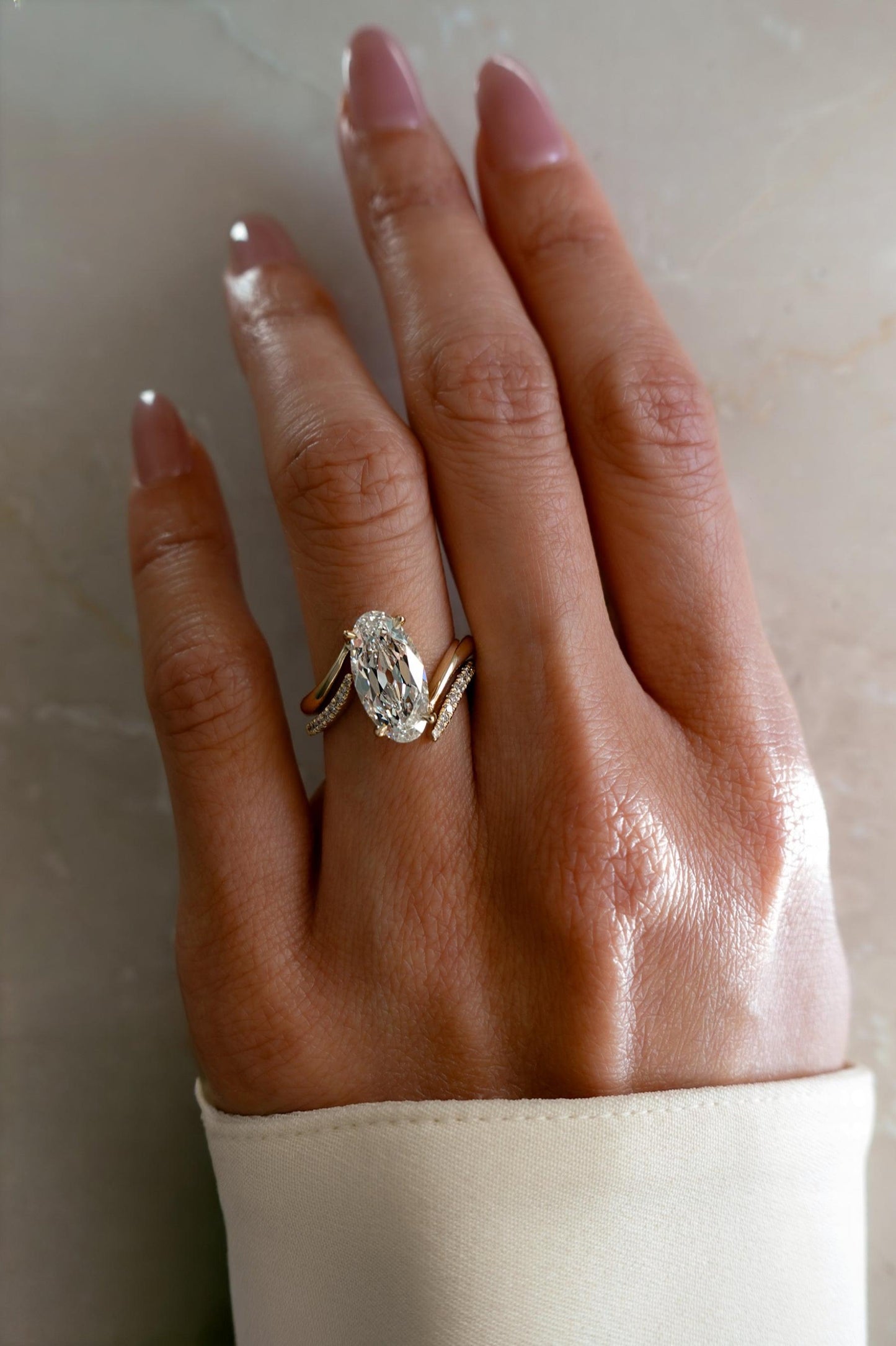 3CT Vertical Old Mined Moval Lab Grown Engagement Ring with Wrap Stacking Band