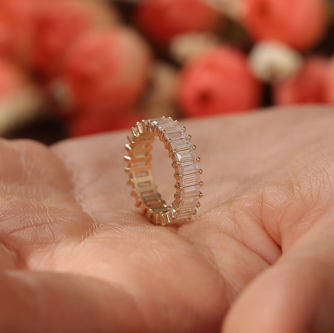 0.5 TCW Emerald Cut Pave Moissanite Bridal Wedding Band 4