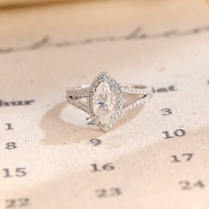 Stunning 1.0 CT Marquise Cut Moissanite Engagement Ring with Halo Split Shank Pave Design 1