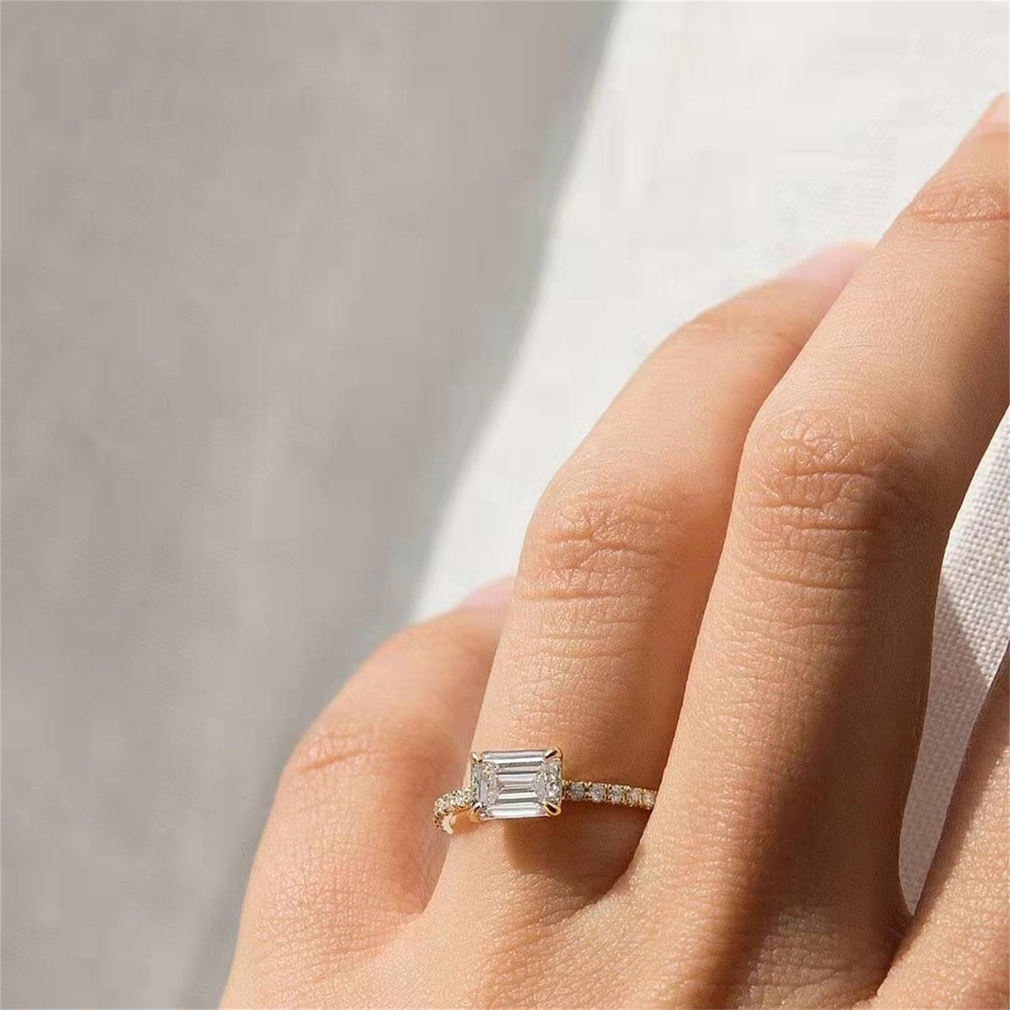 1.0 CT Emerald Shaped Moissanite Pave Engagement Ring 5