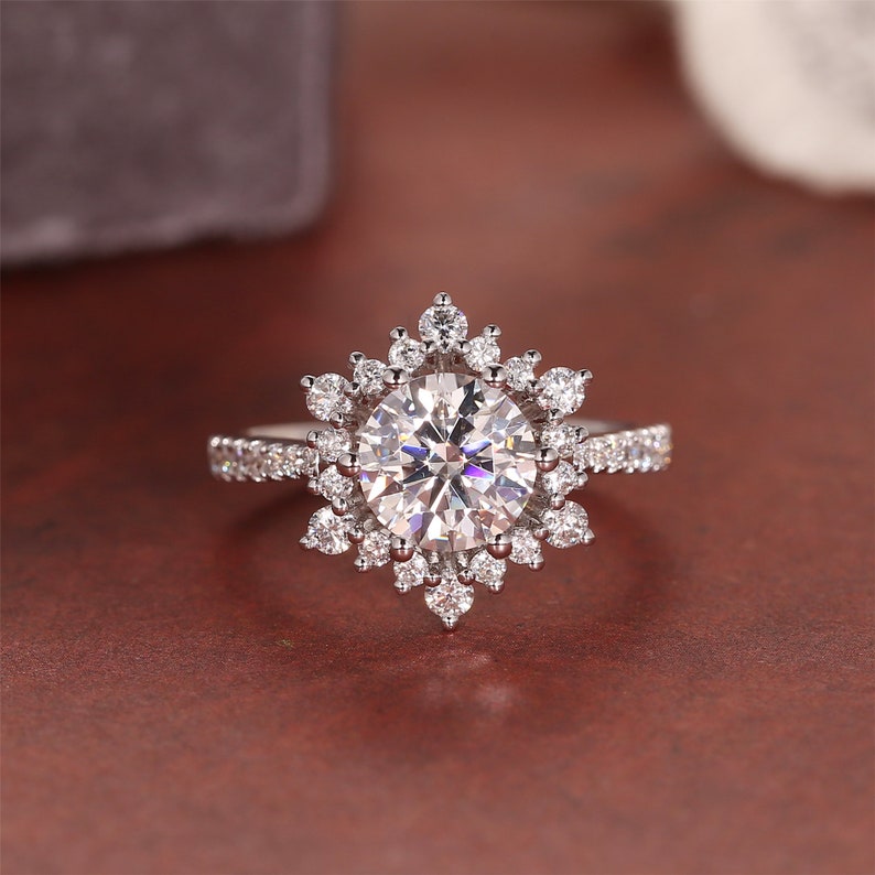 Stunning 2.0 CT Round Moissanite Engagement Ring with Cluster Pave Design