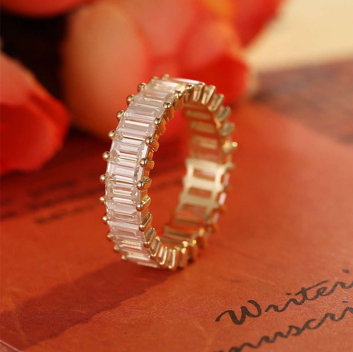 0.5 TCW Emerald Cut Pave Moissanite Bridal Wedding Band 1