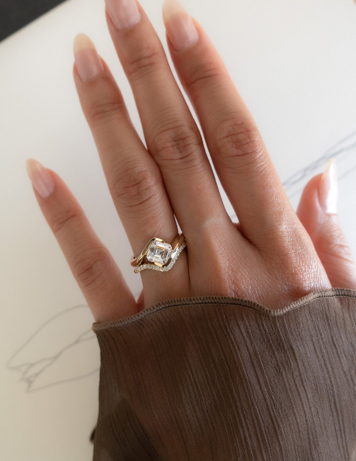 1.5 CT Asscher Lab Grown Curved Shank Engagement Ring With Minimal Pave Stacking Band