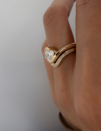 1.5 CT Asscher Lab Grown Curved Shank Engagement Ring With Regular Pave Stacking Band