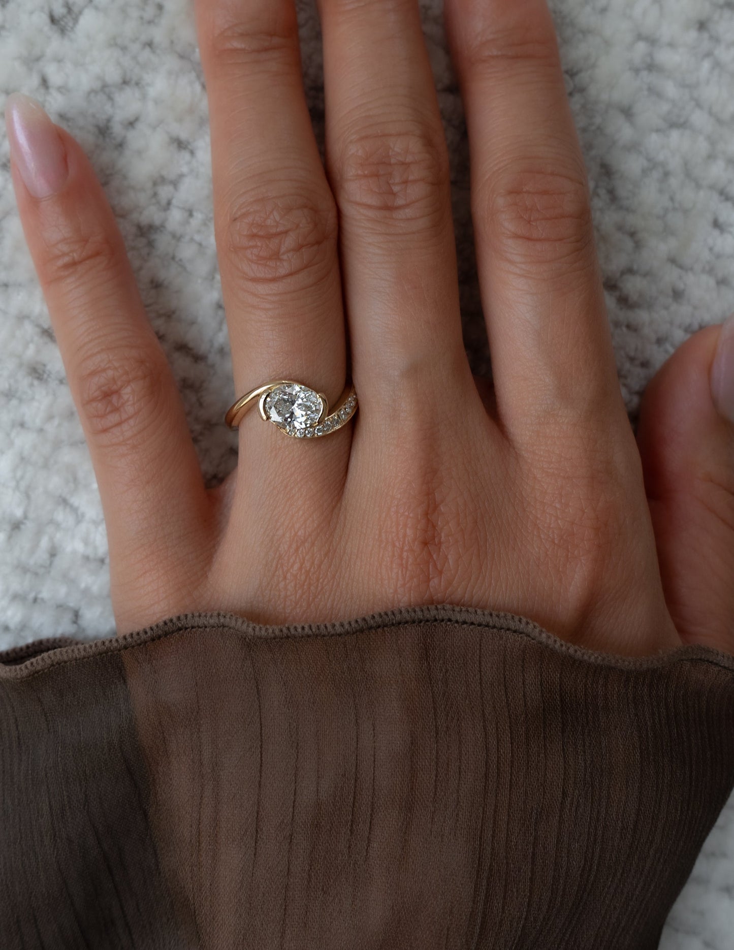 1 CT Oval Swirl East West Semi Pave Lab Grown Engagement Ring