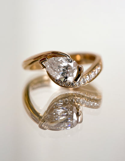 1 CT Pear Swirl East West Semi Pave Lab Grown Engagement Ring