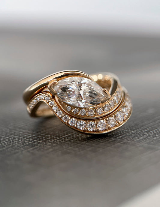 1 CT East-West Marquise Cut Curved Lab Grown Diamond Ring With Bold Pave Band