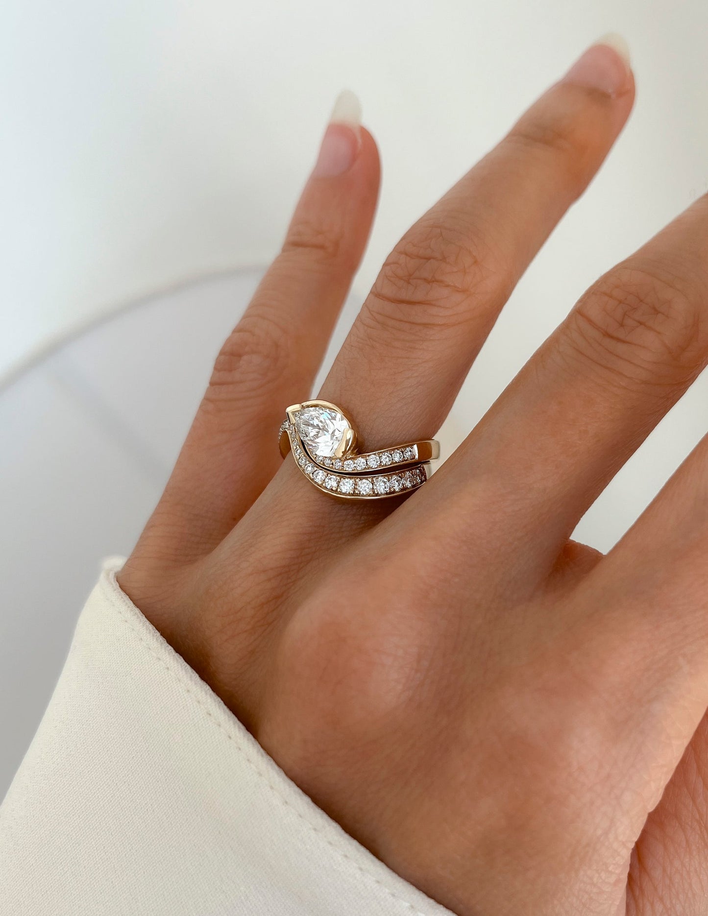 1 CT Pear Cut Solitaire Lab Grown Diamond Ring With Wrap Bold Pave Band