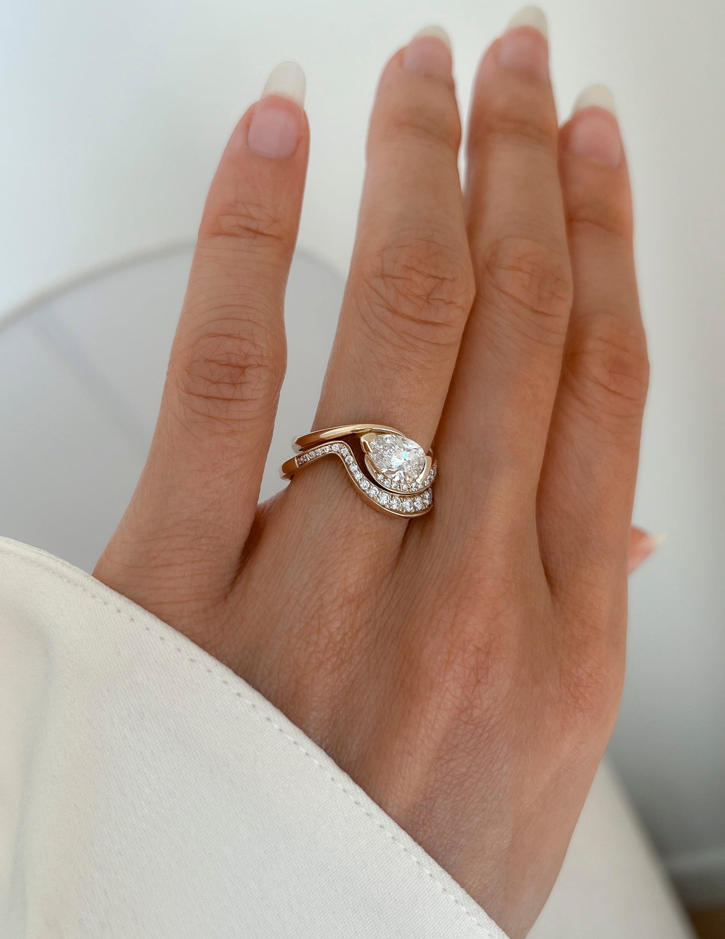 1 CT Pear Cut Solitaire Lab Grown Diamond Ring With Wrap Bold Pave Band