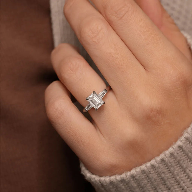 Emerald Three Stone Engagement Ring – 1.7 CT Lab Grown Diamond