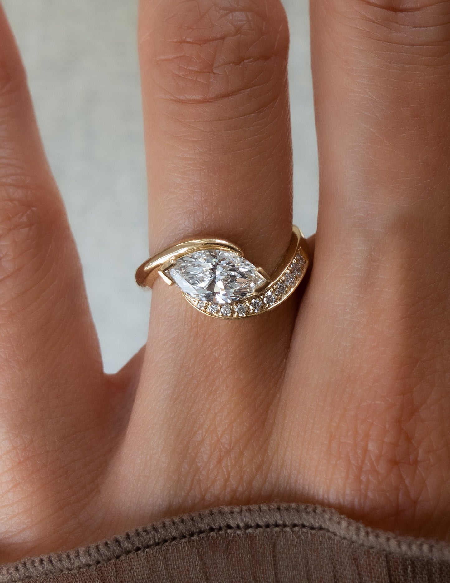 1 CT Marquise Swirl East West Semi Pave Lab Grown Engagement Ring