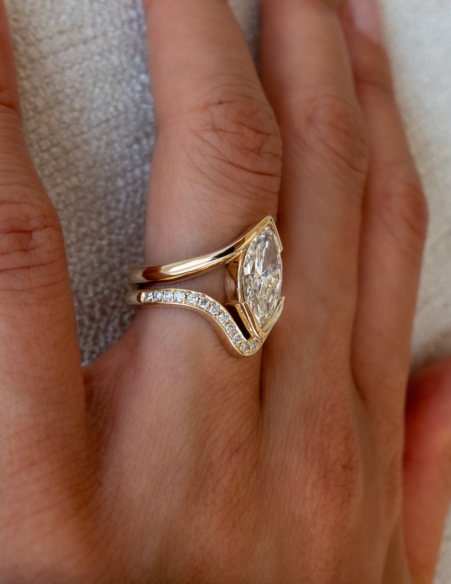 2 CT Marquise Lab Grown Engagement Ring with V Shaped Pave Design Stacking Band
