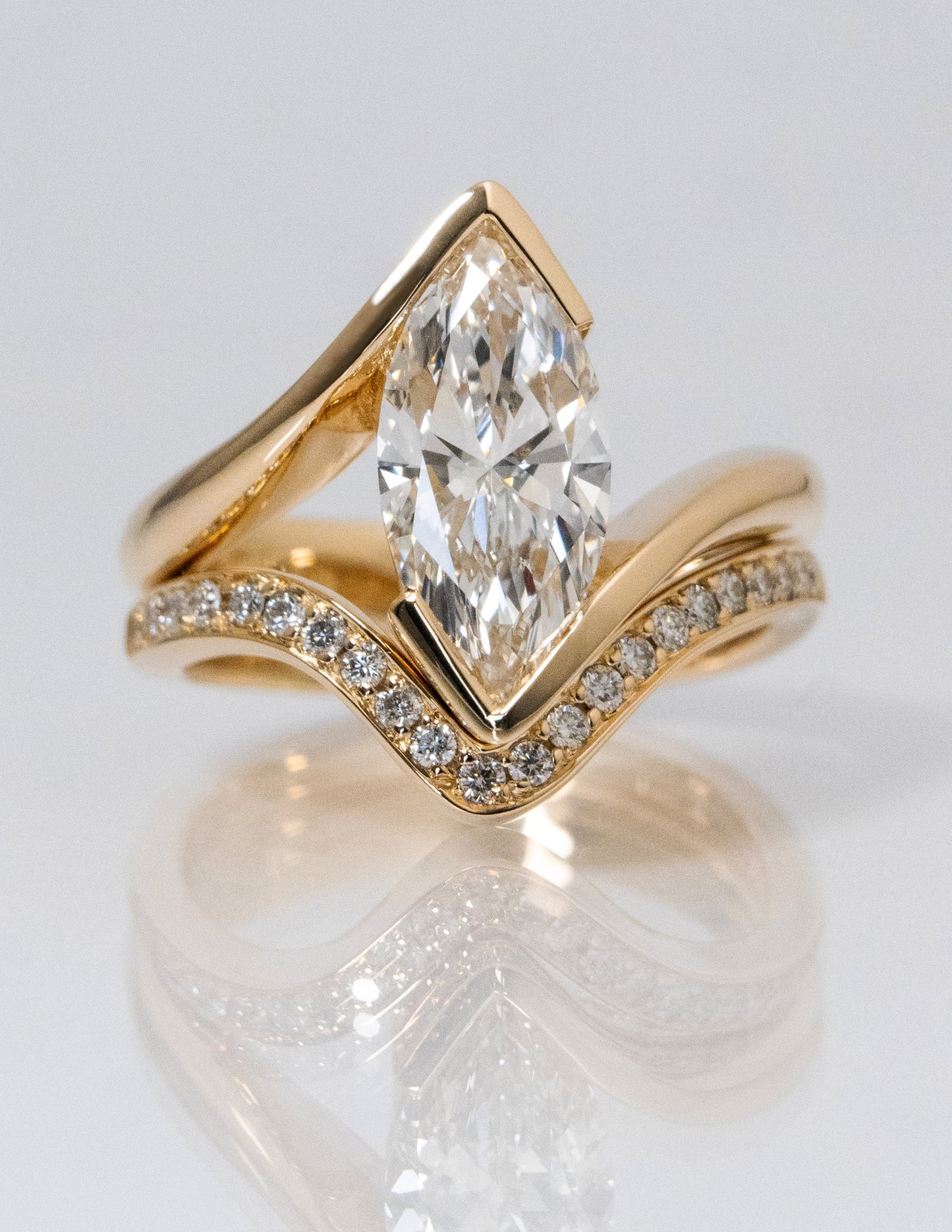 2 CT Marquise Lab Grown Engagement Ring with V Shaped Pave Design Stacking Band