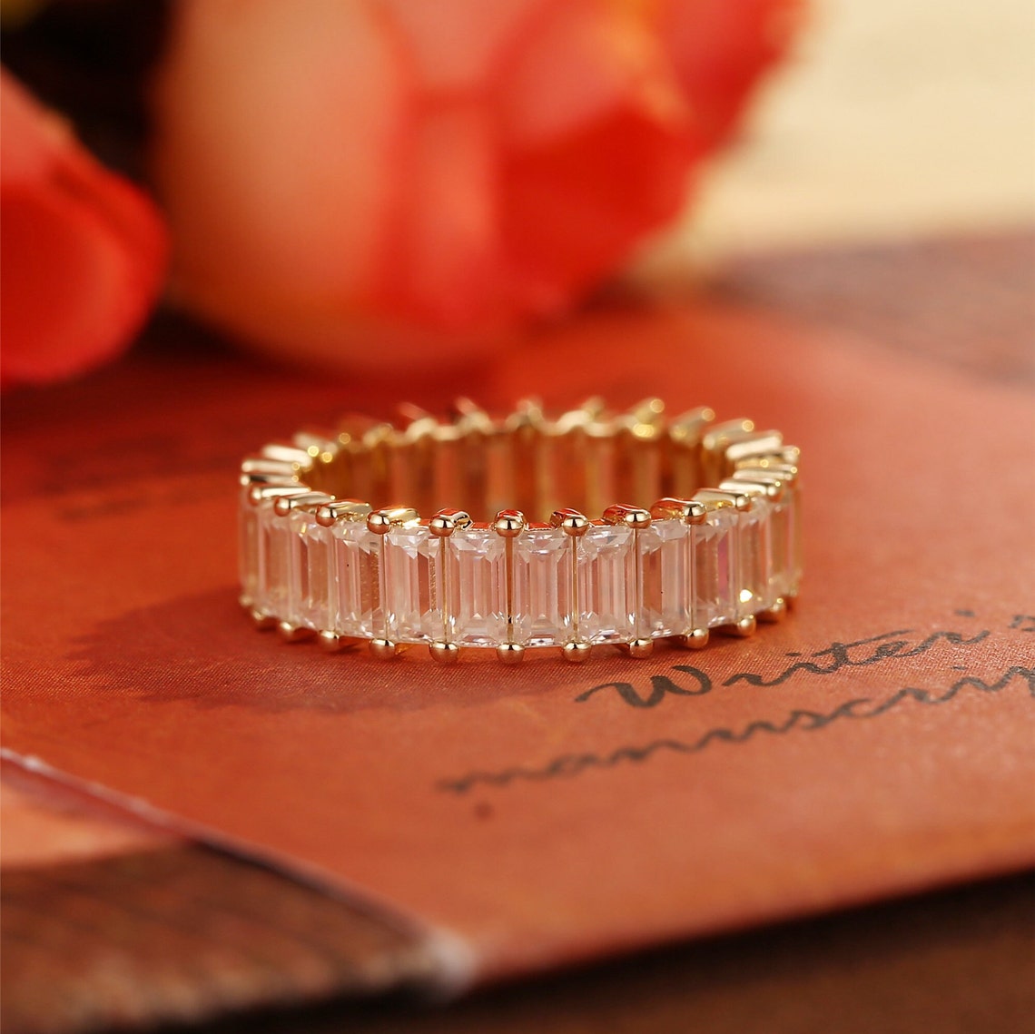 0.5 TCW Emerald Cut Pave Moissanite Bridal Wedding Band 7