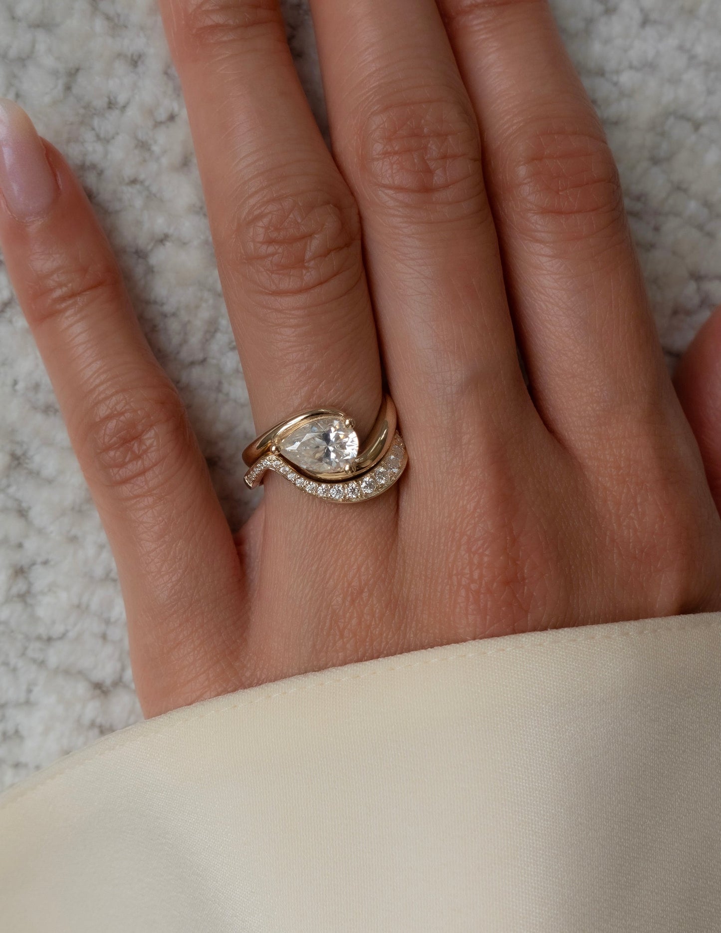 1 CT Pear Cut Solitaire Lab Grown Diamond Ring With Wrap Bold Pave Band