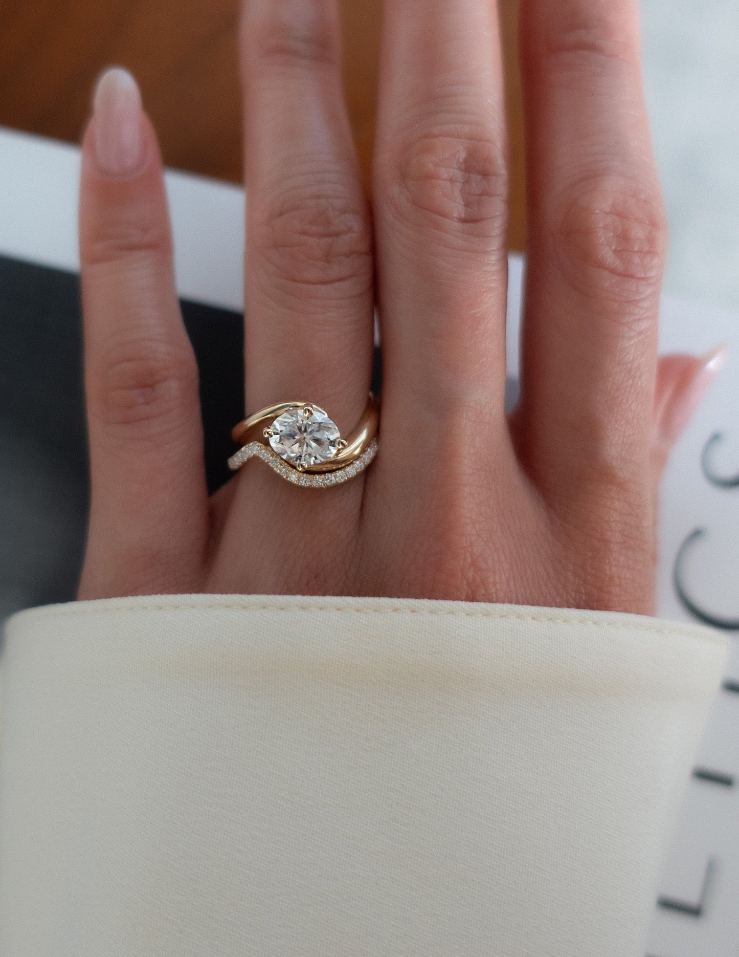 1.5 CT East West Oval Lab Grown Engagement Ring with Minimal Pave Stacking Band