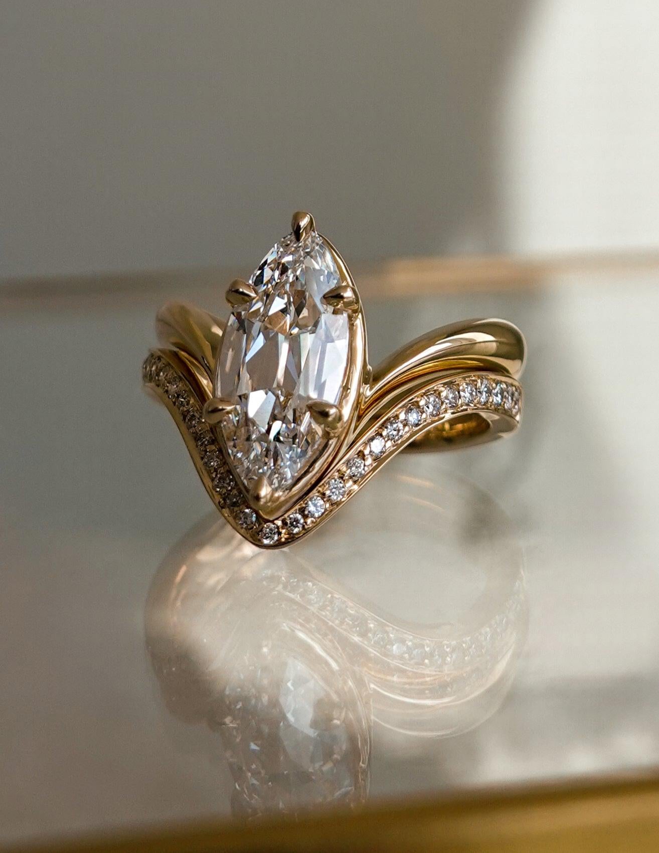 2 CT Antique Moval Lab Grown Engagement Ring with V Pave Stacking Band