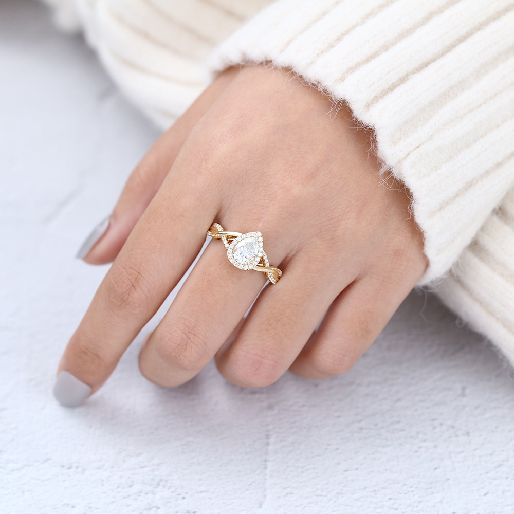 0.43 CT Pear Shaped Moissanite Halo & Twisted Pave Engagement Ring 4
