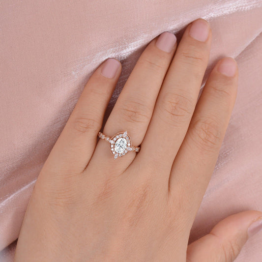 0.94 CT Oval Cut Cluster Halo & Pave Moissanite Engagement Ring 3