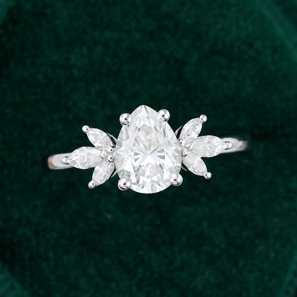 1.0 CT Pear Shaped Moissanite Cluster Engagement Ring 5