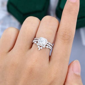 0.96 CT Cushion Moissanite Halo Bridal Ring Set 2