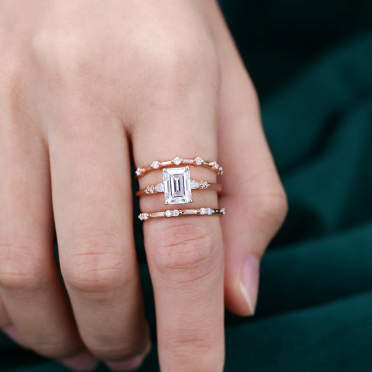 1.60 CT Emerald Moissanite Three Stone  Bridal Ring Set 2