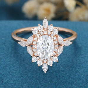 0.84 CT Oval Shaped Moissanite Cluster Engagement Ring 1