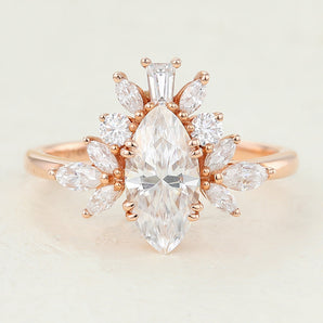 0.90 CT Marquise Shaped Moissanite Cluster Engagement Ring 1